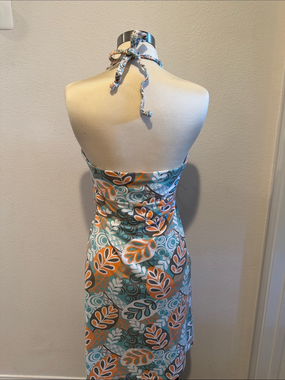 Tommy Bahama Teal & Orange Leaf-Print Halter Backless Dress - Picture 3 of 7